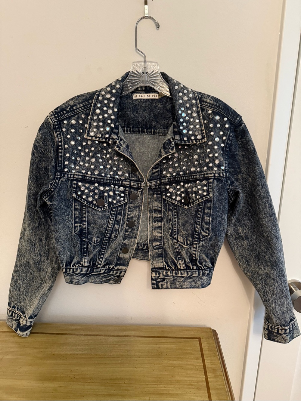 alice + olivia Black Acid-Wash Studded Cropped Denim Jacket